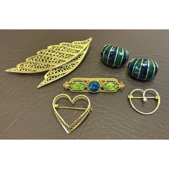 Vintage Jewelry Lot 1928 Avante Rhinestone Heart Brooch Pin Enamel Earrings - Picture 2 of 11